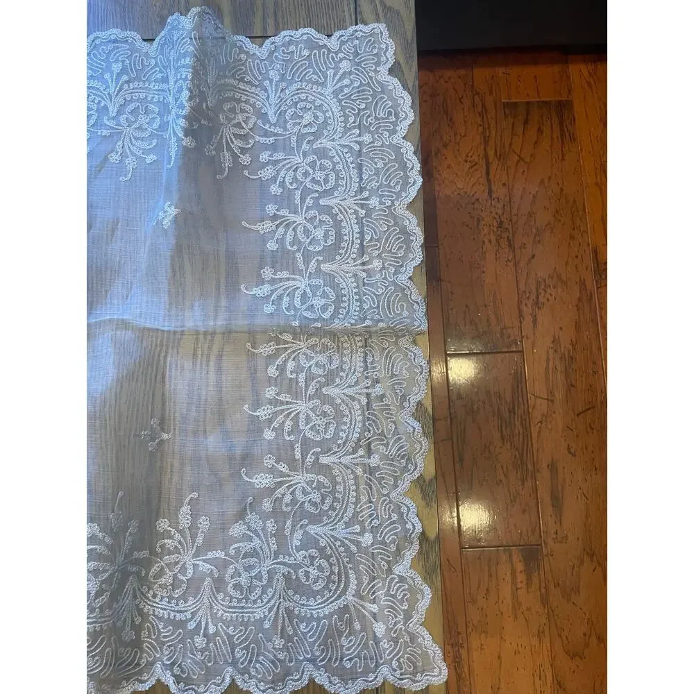 Vintage Embroidered Lace Table Runner Sheer White Floral 70 x 21 Dresser Scarf